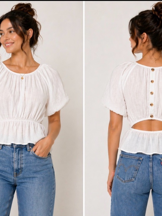 1. State Tops - NWT 1.State white balloon sleeve blouse. Peplum style, cut out back. Womens L.
